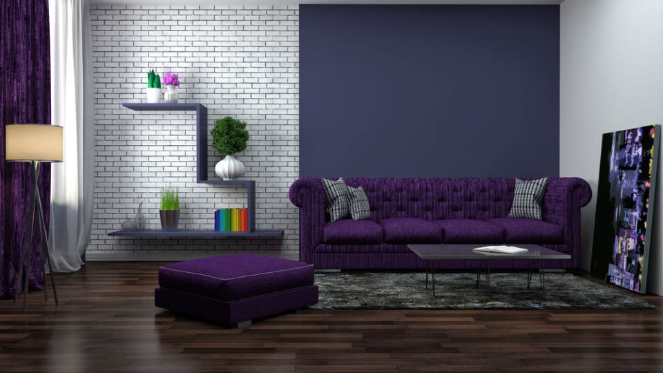 Дизайн интерьера гостиной в фиолетовом цвете