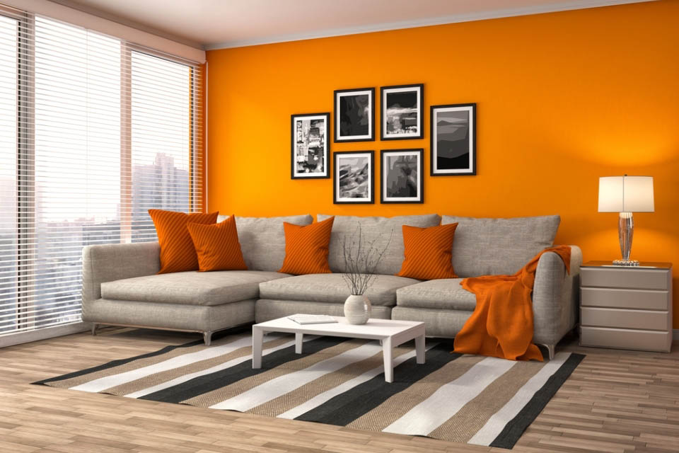 Дизайн интерьера гостиной в оранжевом цвете
