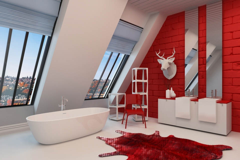 Дизайн интерьера ванной комнаты в красном цвете