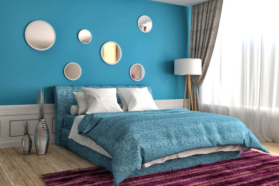 Дизайн интерьера спальни в голубом цвете