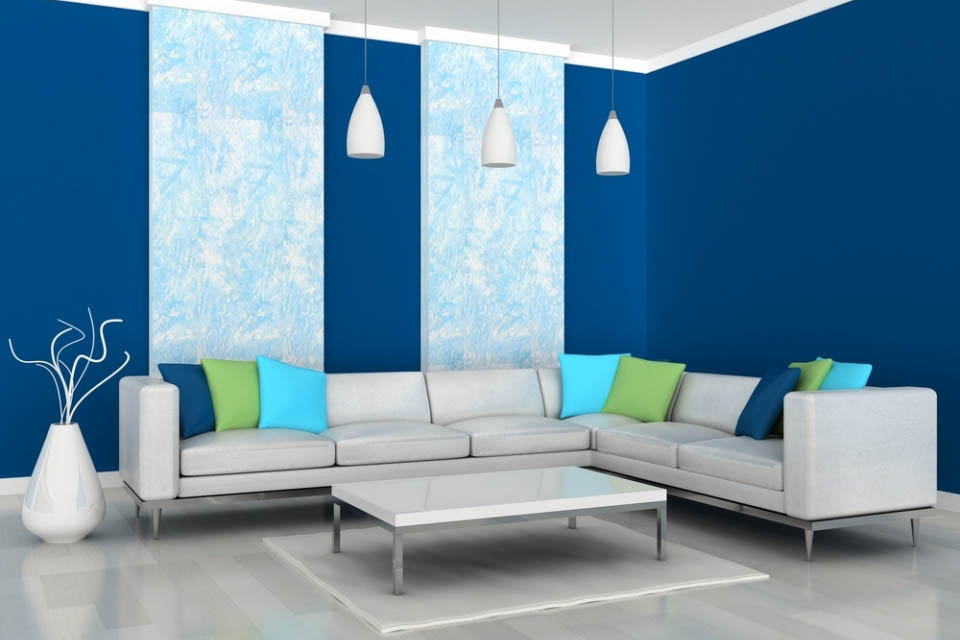 Дизайн интерьера гостинной в синем цвете
