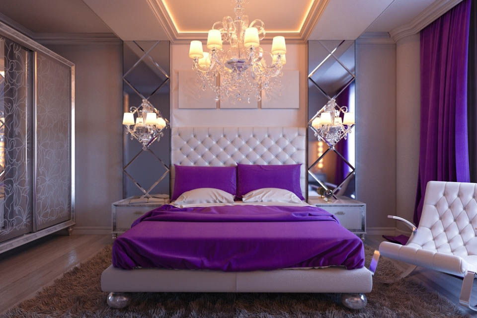 Дизайн интерьера спальни в фиолетовом цвете