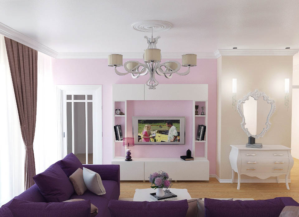 Дизайн гостинной в фиолетовых и белых тонах - фото 1