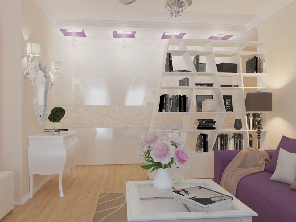 Дизайн гостинной в фиолетовых и белых тонах - фото 1