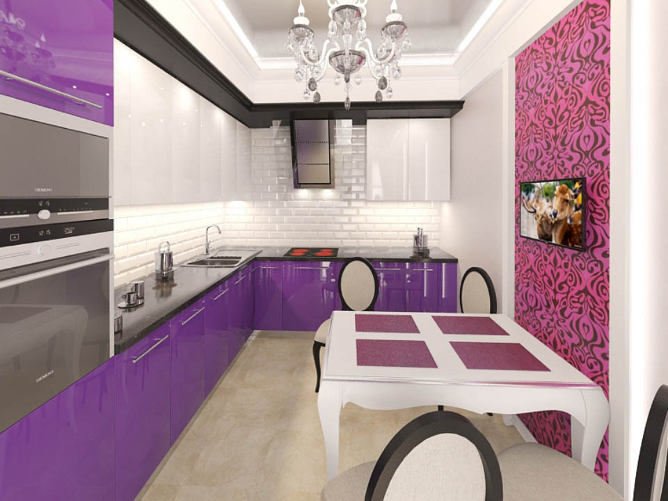 Дизайн кухни в фиолетовом и белом тонах