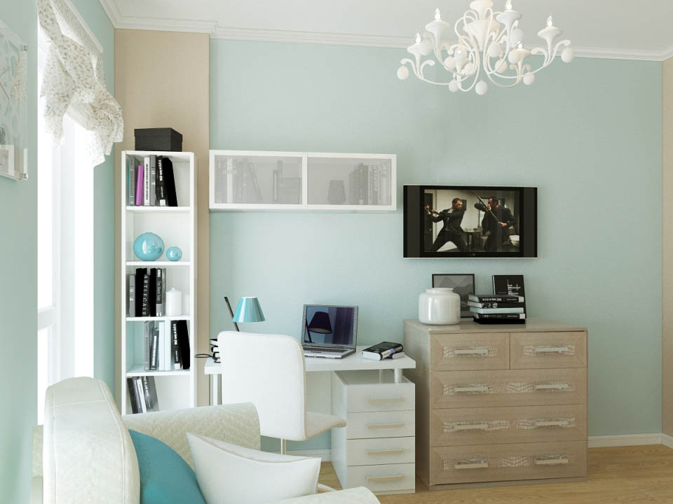 Дизайн кабинета в квартире в мятном и белом тонах - фото 1