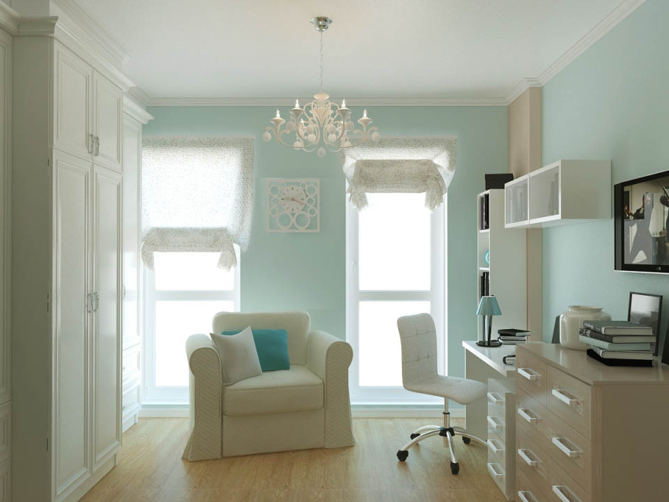 Дизайн кабинета в квартире в мятном и белом тонах - фото 2