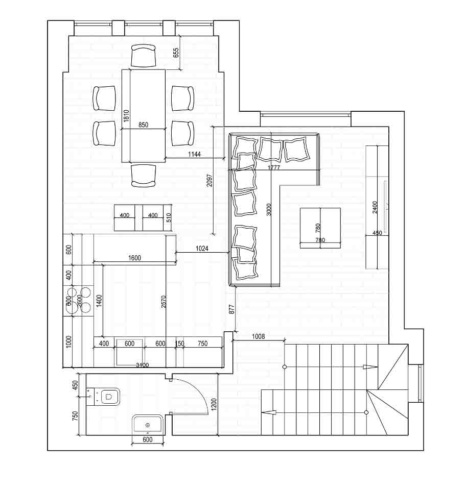 Пример планировки с меюелью в таунхаусе - этаж 2