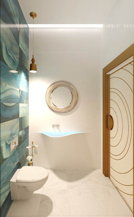 дизайн отдельного туалета в бело-голубых тонах - фото 1